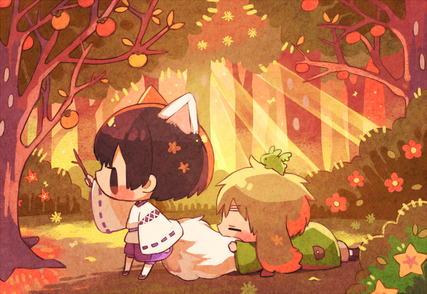 00tuma00 2boys animal_ears axis_powers_hetalia bangs blonde_hair blush bob_cut brown_hair bush chibi closed_eyes commentary_request creature creature_on_head extra_ears flower food forest fox_boy fox_ears fox_tail from_side fruit holding_branch japan_(hetalia) japanese_clothes kemonomimi_mode long_sleeves lying male_focus multiple_boys nature on_stomach persimmon profile rabbit_ears reaching ribbon-trimmed_sleeves ribbon_trim standing sunlight tail tail_pillow tree united_kingdom_(hetalia) wide_sleeves