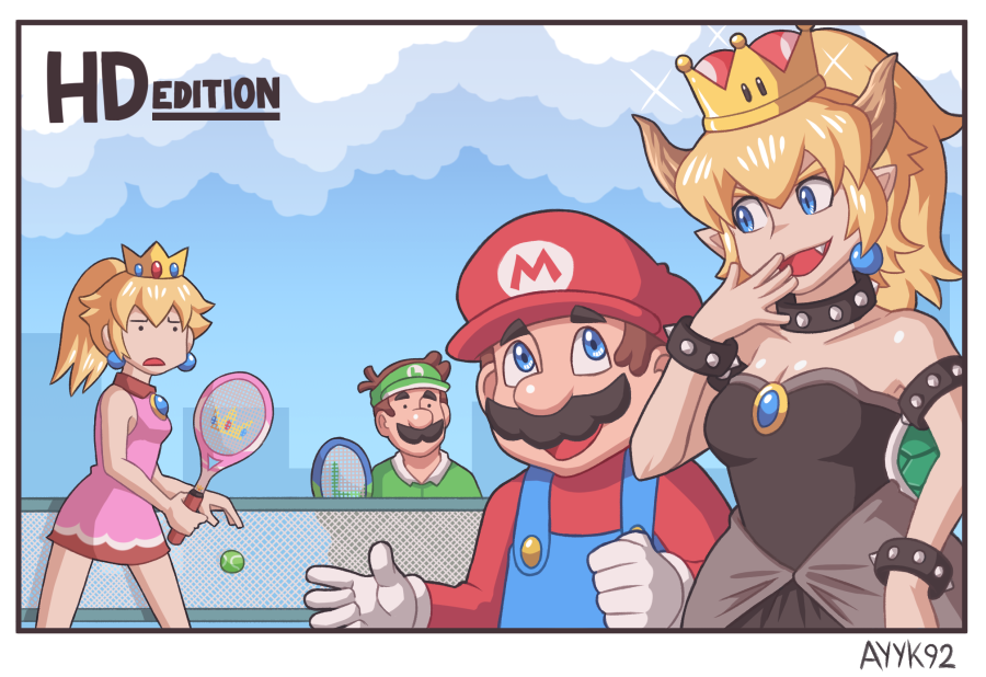 2boys 2girls ayyk92 ball blonde_hair blue_earrings blue_eyes bowsette bracelet brown_hair collar crown english_text facial_hair hat jewelry long_hair luigi mario mario_tennis multiple_boys multiple_girls mustache nintendo overalls princess_peach racket short_hair spiked_armlet spiked_bracelet spiked_collar spikes sportswear super_crown tennis_ball tennis_court tennis_racket tennis_uniform visor_cap