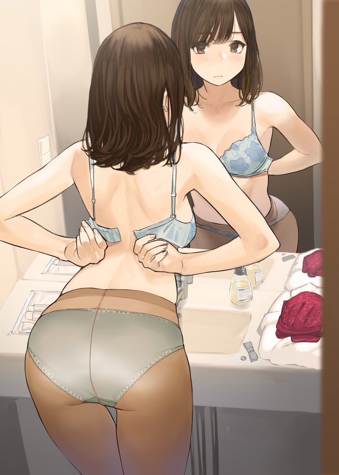 1girl ass bra brown_eyes brown_hair brown_legwear closed_mouth commentary_request eyebrows_visible_through_hair facing_away highres looking_at_viewer medium_hair mirror original panties panties_under_pantyhose pantyhose reflection solo underwear yomu_(sgt_epper)