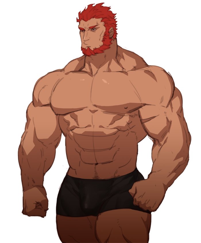 1boy abs bara beard boxers bulge chest clenched_hand clenched_hands closed_mouth facial_hair fate/zero fate_(series) gomtang male_focus muscle navel nipples pectorals red_eyes redhead rider_(fate/zero) scar solo topless underwear upper_body white_background