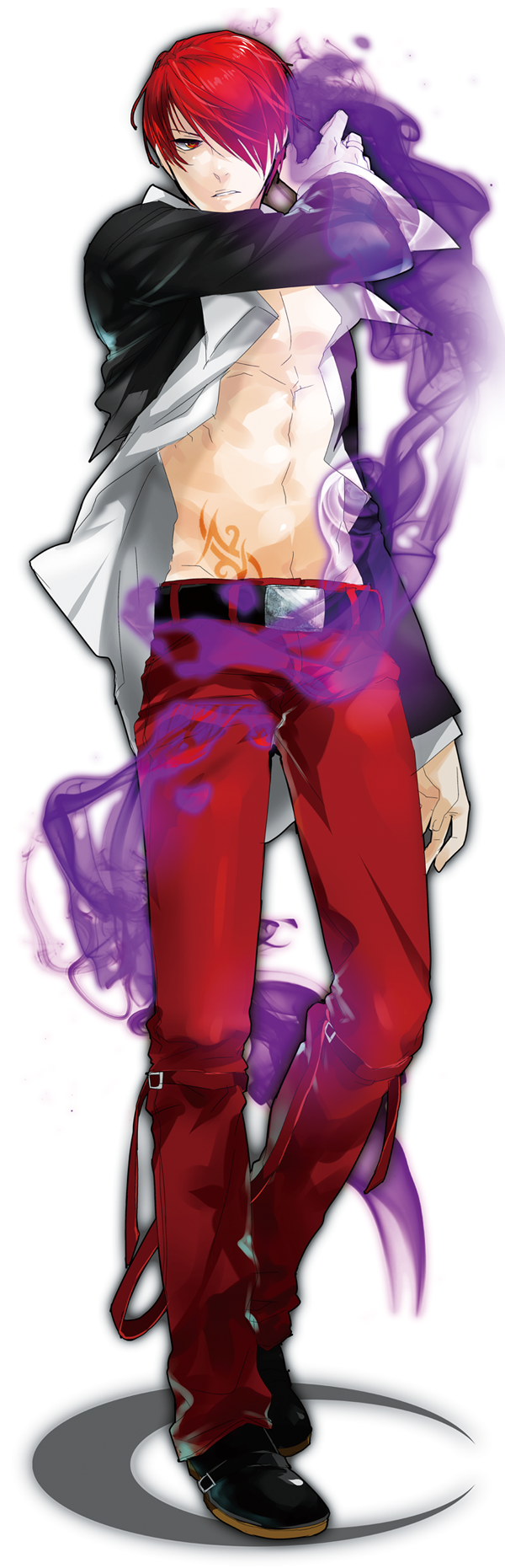 1boy belt black_jacket choker fire hair_over_one_eye highres jacket male_focus muscle open_clothes open_jacket pants purple_fire red_eyes red_pants redhead rekkuja solo the_king_of_fighters yagami_iori