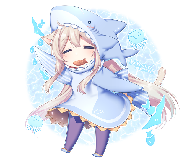 1girl =_= animal_ears artist_name bangs black_legwear blonde_hair blush cat_ears cat_tail chaso_(konshin) chibi closed_eyes dated food konshin long_hair mouth_hold original shark_costume solo standing tail taiyaki wagashi