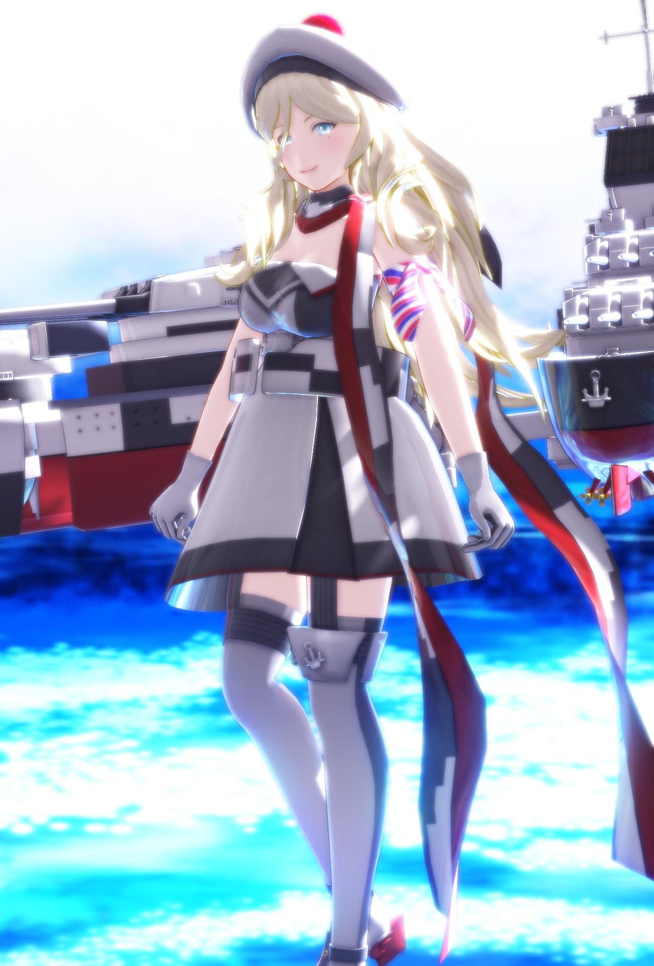 1girl belt beret blonde_hair blue_eyes blue_sky commentary_request dress french_flag gloves hair_between_eyes hat highres kantai_collection long_hair machinery meihaiwh mole mole_under_eye mole_under_mouth multicolored multicolored_clothes multicolored_dress multicolored_gloves multicolored_legwear multicolored_scarf ocean pom_pom_(clothes) richelieu_(kantai_collection) scarf sky smile strapless strapless_dress turret