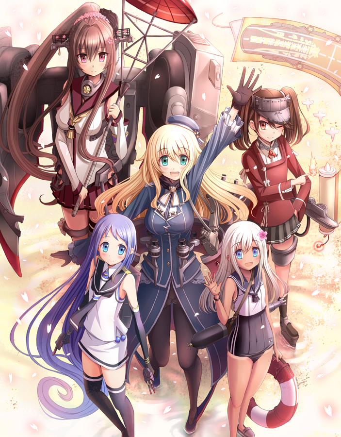 5girls ascot atago_(kantai_collection) bangs beret black_gloves black_legwear black_neckwear blonde_hair blue_eyes blue_hair blue_headwear breasts brown_eyes brown_hair cherry_blossoms commentary_request crop_top elbow_gloves feet_out_of_frame flower full_body gloves gradient_hair green_eyes hair_flower hair_ornament hand_up hat headgear japanese_clothes kantai_collection kariginu large_breasts lifebuoy long_hair machinery magatama military military_uniform multicolored_hair multiple_girls neckerchief one-piece_swimsuit one-piece_tan oriental_umbrella pantyhose pleated_skirt ponytail red_skirt red_umbrella revision rigging rizuriri ro-500_(kantai_collection) ryuujou_(kantai_collection) sailor_collar samidare_(kantai_collection) school_swimsuit school_uniform scroll serafuku shikigami shirt skirt sleeveless sleeveless_shirt standing swept_bangs swimsuit swimsuit_under_clothes tan tanline thigh-highs torpedo turret twintails umbrella uniform very_long_hair visor_cap waving white_neckwear yamato_(kantai_collection)