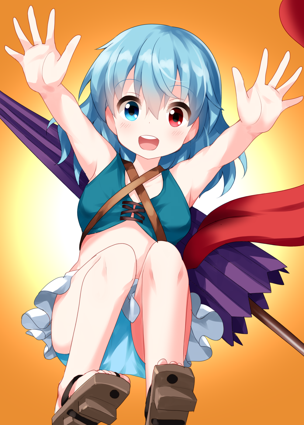 1girl :d adapted_costume armpits arms_up bangs bare_arms bare_shoulders bikini bikini_skirt blue_bikini blue_eyes blue_hair blush breasts brown_footwear commentary_request eyebrows_visible_through_hair geta hair_between_eyes heterochromia highres knees_up long_hair looking_at_viewer medium_breasts open_mouth orange_background purple_umbrella red_eyes ruu_(tksymkw) smile solo stomach swimsuit tatara_kogasa tongue touhou umbrella