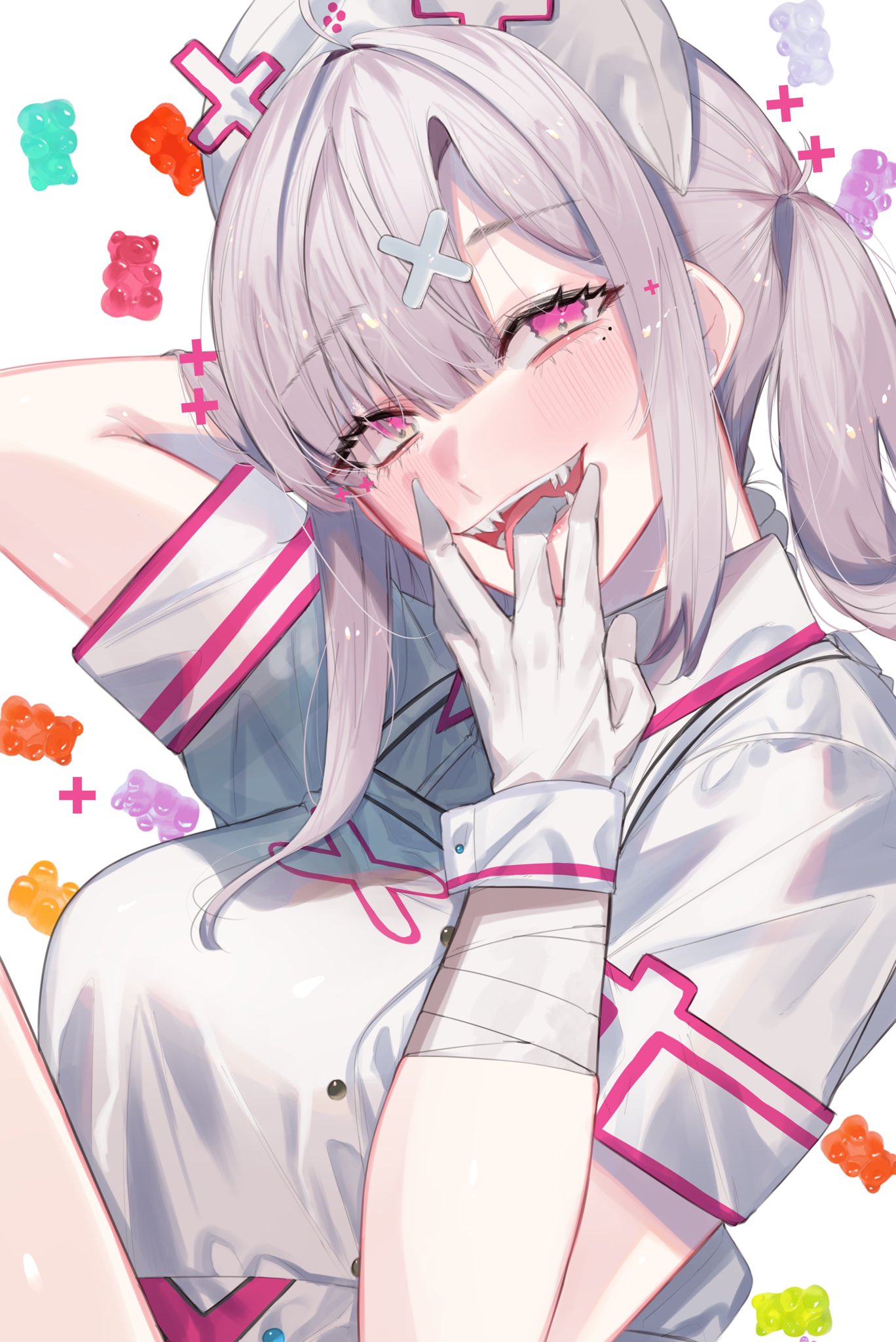 1girl ahoge bandages bangs blush breasts commentary dasui191023 dress gloves hair_between_eyes hair_ornament hat highres large_breasts lips long_hair looking_at_viewer nijisanji nurse nurse_cap open_mouth sharp_teeth short_sleeves silver_hair smile solo sukoya_kana teeth tongue tongue_out twintails violet_eyes virtual_youtuber white_dress white_gloves wrist_cuffs x_hair_ornament