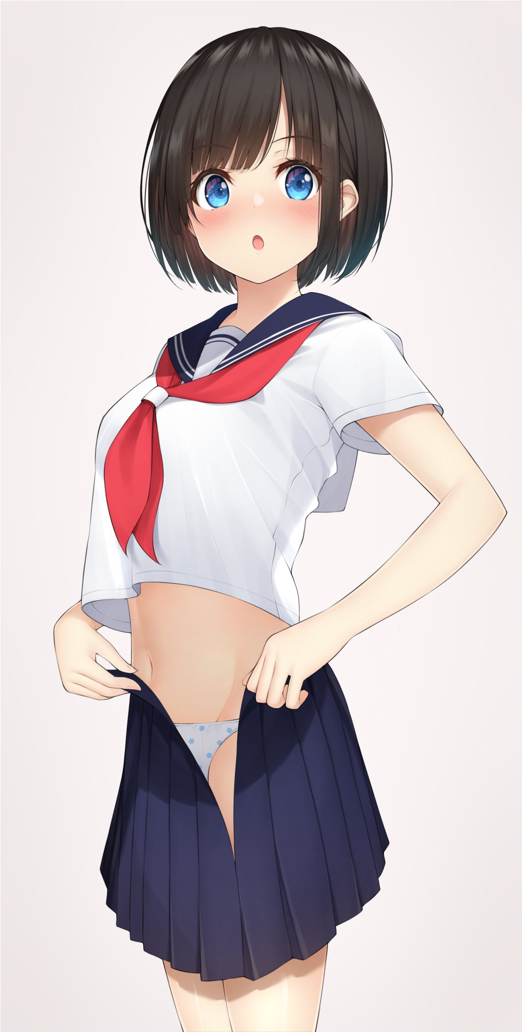 1girl :o black_hair blue_eyes blue_sailor_collar blue_skirt blush breasts commentary_request crop_top crop_top_overhang grey_background groin highres holding looking_at_viewer medium_breasts midriff mottsun_(i_40y) navel neckerchief open_mouth original panties pleated_skirt polka_dot polka_dot_panties sailor_collar school_uniform serafuku shirt short_hair short_sleeves sidelocks sketch skirt solo standing tareme underwear white_panties white_shirt
