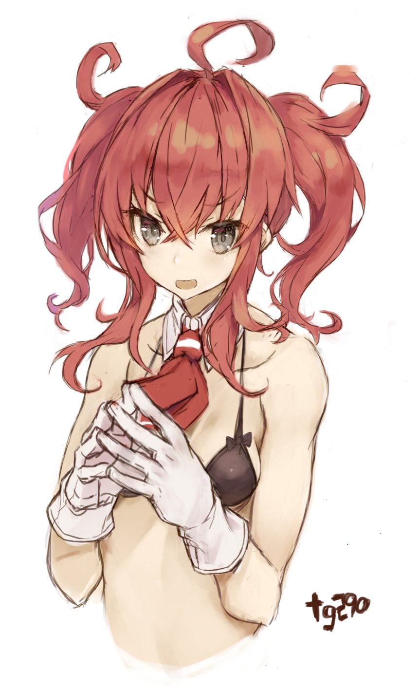 1girl ahoge alternate_hairstyle arashi_(kantai_collection) bangs black_bra black_eyes bra breasts eyebrows_visible_through_hair fingers_together gloves goekawa hair_between_eyes highres kantai_collection long_hair medium_breasts messy_hair open_mouth red_neckwear redhead simple_background solo twintails twitter_username underwear upper_body white_background white_gloves