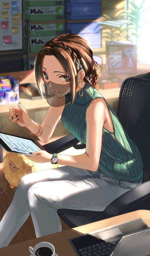 1girl black_nails bracelet braid brown_eyes brown_hair coffee coffee_cup commentary computer craft_essence cup desk disposable_cup dumuzid_(fate) earrings fate/grand_order fate_(series) from_uruk green_sweater hair_bun holding_tablet_pc jewelry laptop looking_at_viewer nail_polish office official_art on_chair pants plant ribbed_sweater sheep siduri_(fate/grand_order) sitting sleeveless_sweater solo sunlight sweater tablet_pc tsuuhan turtleneck turtleneck_sweater veil watch watch white_pants window