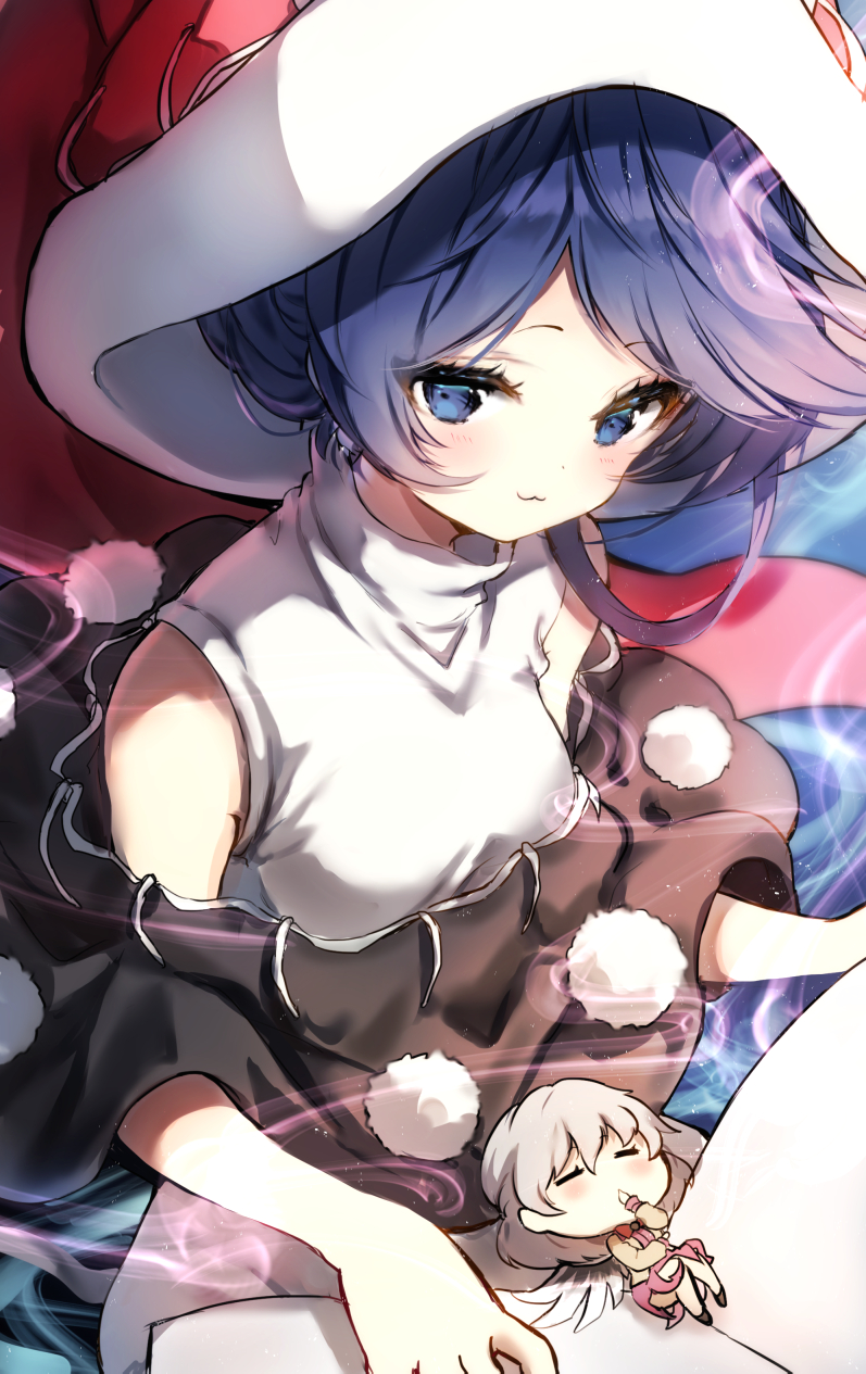 2girls :3 =_= bare_shoulders black_capelet blue_eyes blue_hair blush breasts capelet chibi closed_eyes commentary doremy_sweet dress eyebrows_visible_through_hair grey_jacket hat highres jacket looking_at_viewer minigirl multiple_girls nightcap piyokichi pom_pom_(clothes) purple_dress red_headwear short_hair silver_hair single_wing small_breasts smile touhou upper_body white_dress white_wings wings