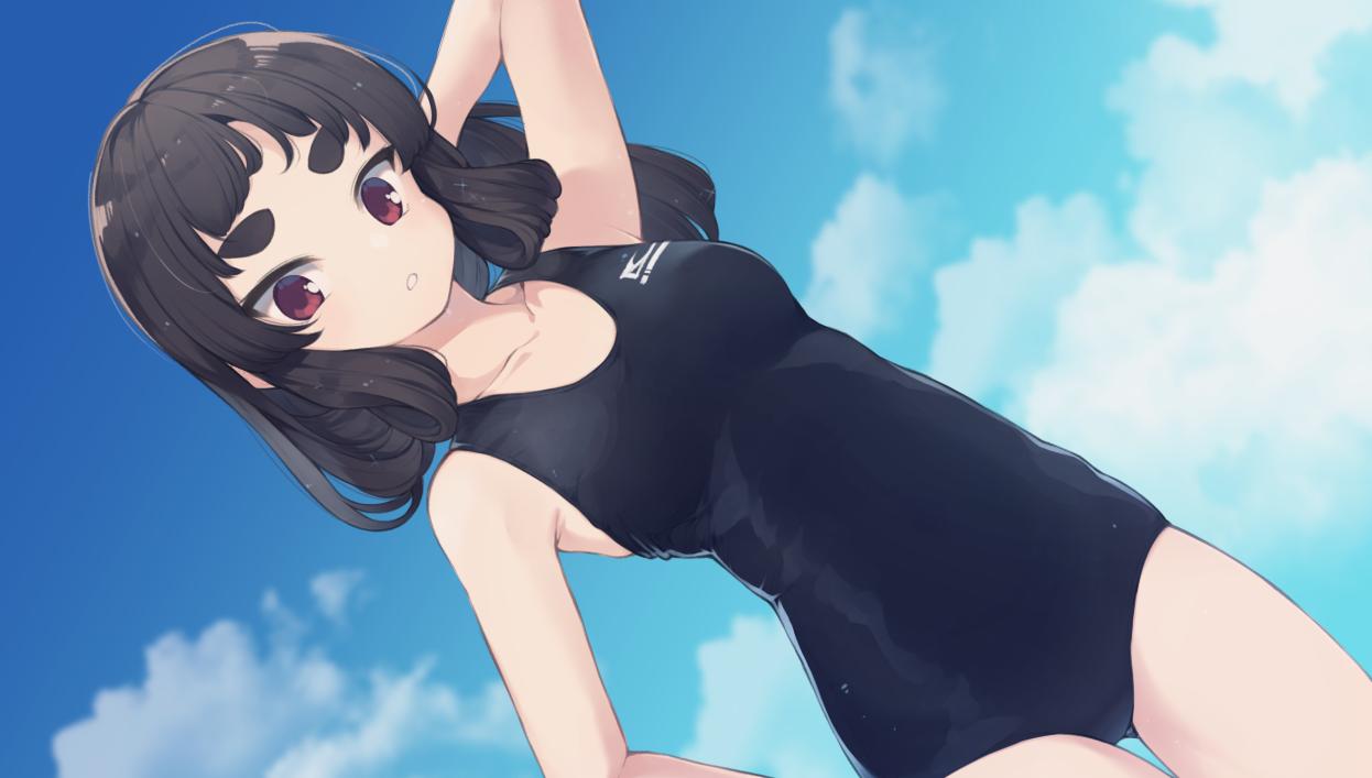 1girl arm_up ass_visible_through_thighs bare_arms bare_shoulders black_hair black_swimsuit blue_sky breasts clouds cloudy_sky collarbone commentary_request day hand_behind_head kuranami_shiki looking_at_viewer medium_breasts natsuki_teru one-piece_swimsuit original outdoors parted_lips red_eyes short_eyebrows sky solo swimsuit thick_eyebrows