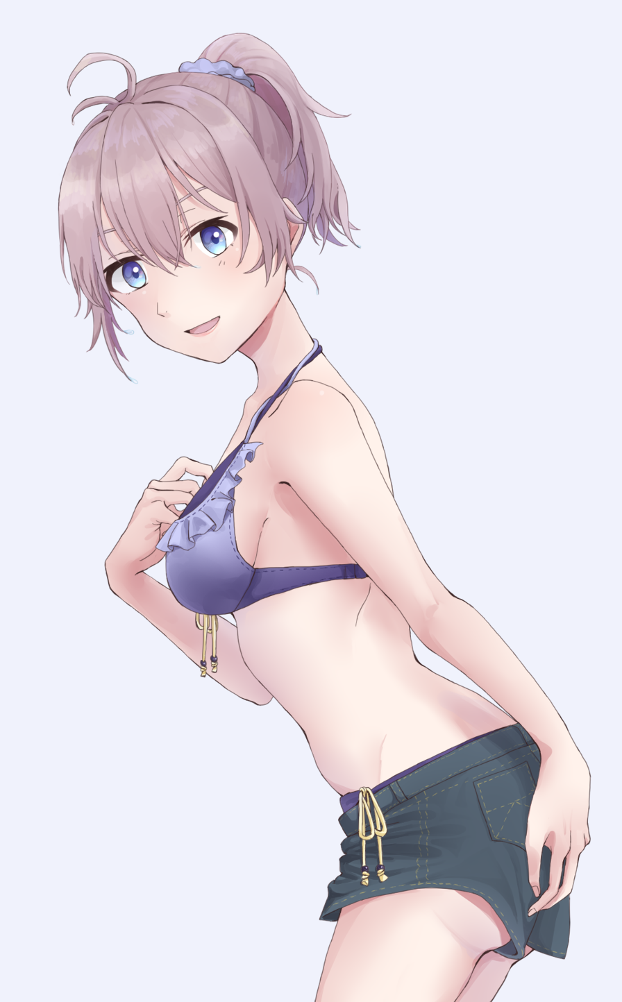 1girl aoba_(kantai_collection) bikini black_shorts blue_eyes blue_scrunchie breasts commentary_request denim denim_shorts frilled_bikini frills groin hair_ornament hair_scrunchie hand_on_own_chest highres hydromoon kantai_collection leaning_forward looking_at_viewer medium_breasts ponytail purple_bikini purple_hair scrunchie shorts side-tie_bikini simple_background smile solo swimsuit white_background