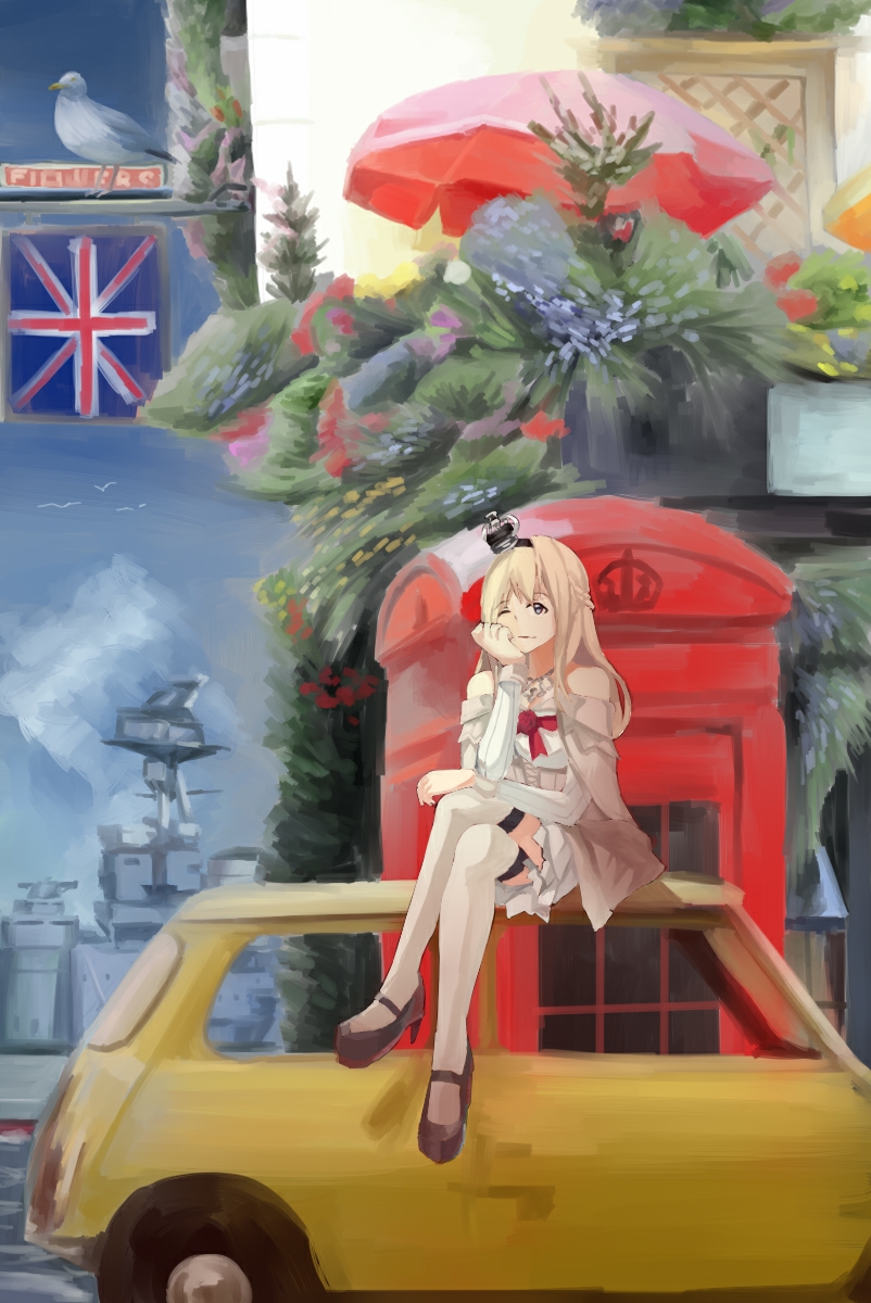 1girl battleship black_footwear blonde_hair blue_eyes braid clouds cloudy_sky corset crown dress english_commentary flower french_braid garter_straps high_heels highres kantai_collection kuroinu9 long_hair long_sleeves mary_janes military military_vehicle mini_cooper mini_crown off-shoulder_dress off_shoulder patio phone_booth red_flower red_ribbon red_rose ribbon rose ship shoes sitting sitting_on_object sky solo thigh-highs umbrella union_jack warship warspite_(kantai_collection) watercraft white_dress white_legwear