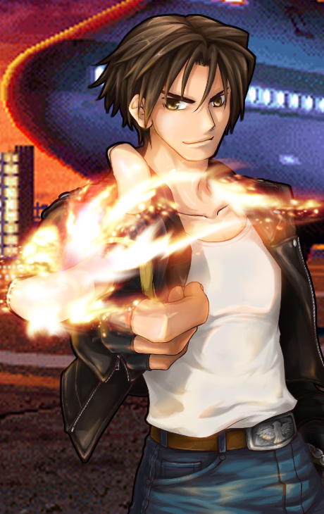 1boy brown_eyes brown_hair denim fingerless_gloves fire gloves jacket jeans kusanagi_kyou leather leather_jacket male_focus mystic9904 pants pointing pointing_at_viewer pyrokinesis shirt smile smug solo the_king_of_fighters white_shirt