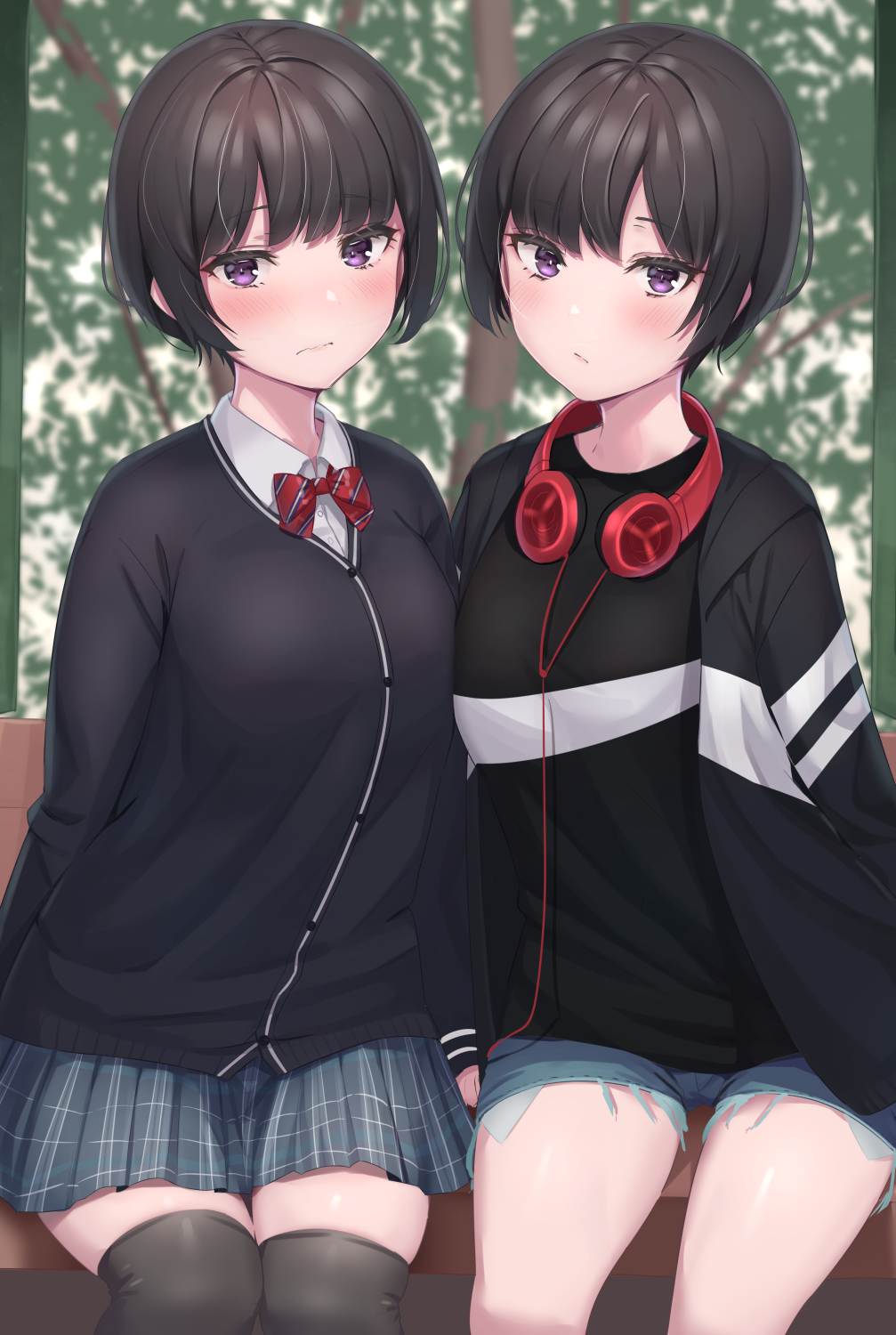 2girls :/ bangs black_cardigan black_hair black_jacket black_shirt blue_shorts blurry blurry_background blush bow bowtie breasts closed_mouth collared_shirt commentary_request depth_of_field diagonal-striped_neckwear diagonal_stripes dress_shirt eyebrows_visible_through_hair grey_legwear grey_skirt headphones headphones_around_neck highres jacket long_sleeves looking_at_viewer medium_breasts multiple_girls nose_blush open_clothes open_jacket original over-kneehighs pleated_skirt red_neckwear reinama shirt short_hair short_shorts shorts sitting skirt sleeves_past_wrists small_breasts striped striped_neckwear thigh-highs violet_eyes white_shirt