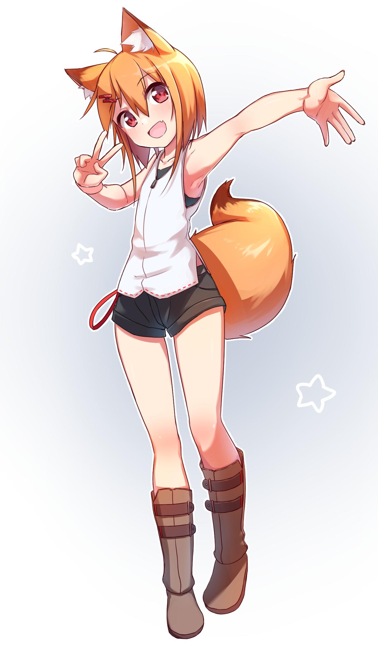 1girl ahoge animal_ear_fluff animal_ears bangs black_shorts boots collarbone eyebrows_visible_through_hair fang fox_ears fox_girl fox_tail hair_between_eyes hair_ornament hairclip highres knee_boots looking_at_viewer minowa_sukyaru open_mouth orange_hair original outstretched_arm red_eyes shirt shorts sleeveless sleeveless_shirt smile solo tail v wristband