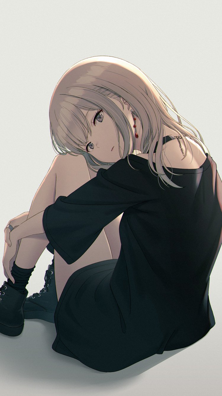 1girl backlighting black_footwear black_legwear black_shirt choker earrings expressionless from_behind grey_background grey_eyes grey_hair head_tilt highres hyuuga_azuri jewelry knees_up leg_hug long_hair looking_at_viewer looking_back original parted_lips shadow shirt shoes sidelocks sitting socks solo thighs