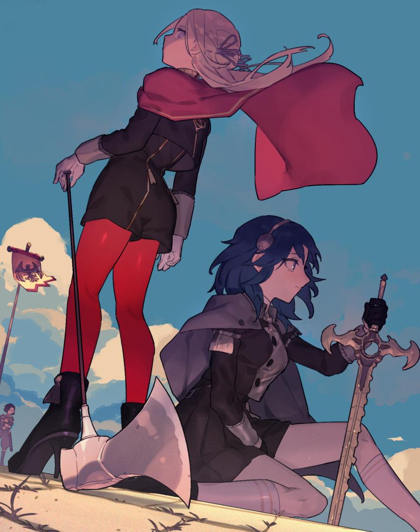 1boy 2girls armor axe blonde_hair blue_eyes breasts byleth_(fire_emblem) byleth_eisner_(female) cape cravat edelgard_von_hresvelg fire_emblem fire_emblem:_three_houses garreg_mach_monastery_uniform gloves hair_ornament hair_ribbon hubert_von_vestra long_hair looking_at_viewer multiple_girls pantyhose red_cape ribbon ryein short_hair simple_background skirt sword uniform weapon