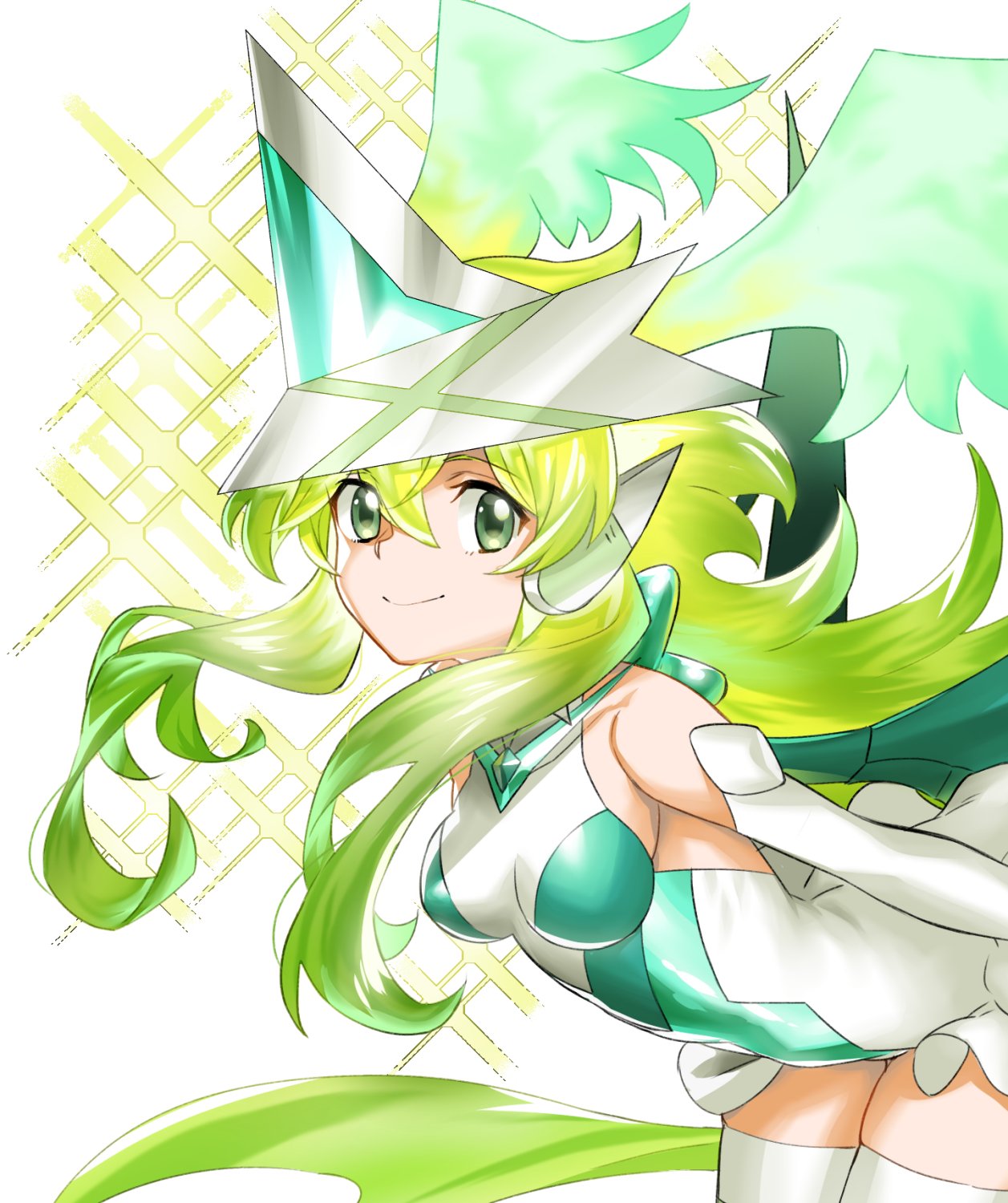 1girl akatsuki_kirika breasts detached_sleeves glowing glowing_hair green_eyes green_hair head_wings highres long_hair medium_breasts murakami_hisashi senki_zesshou_symphogear smile sparkle_background thigh-highs