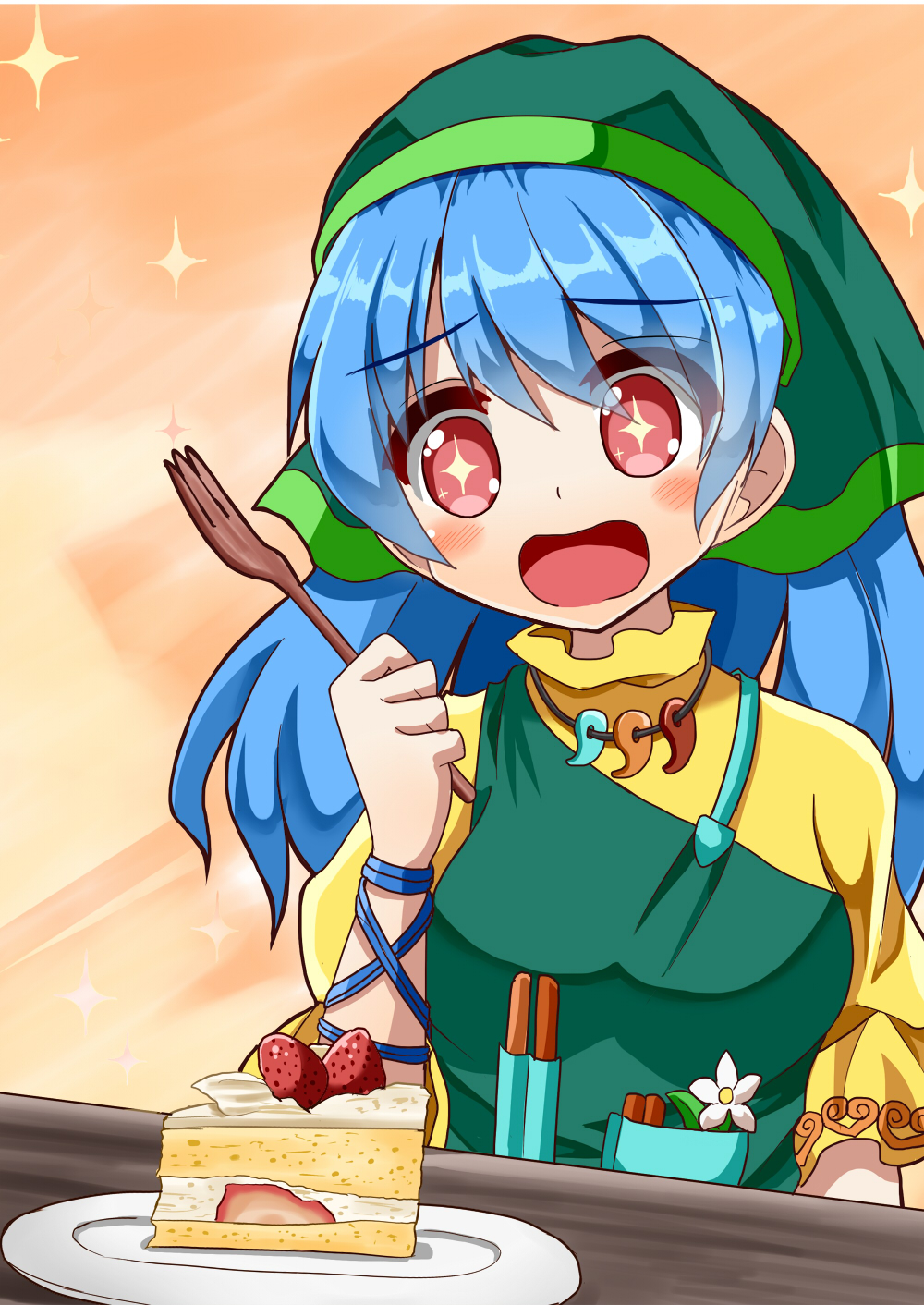 +_+ 1girl apron arm_ribbon arm_up blue_hair cake commentary_request daisy dress eyebrows_visible_through_hair flower food fork fruit gradient gradient_background green_hood hair_between_eyes haniyasushin_keiki head_tilt high_collar highres holding holding_fork hood long_hair magatama magatama_necklace open_mouth orange_background plate puffy_short_sleeves puffy_sleeves pun red_eyes ribbon short_sleeves shortcake solo sparkle strawberry sugiyama_ichirou tools touhou upper_body very_long_hair yellow_dress