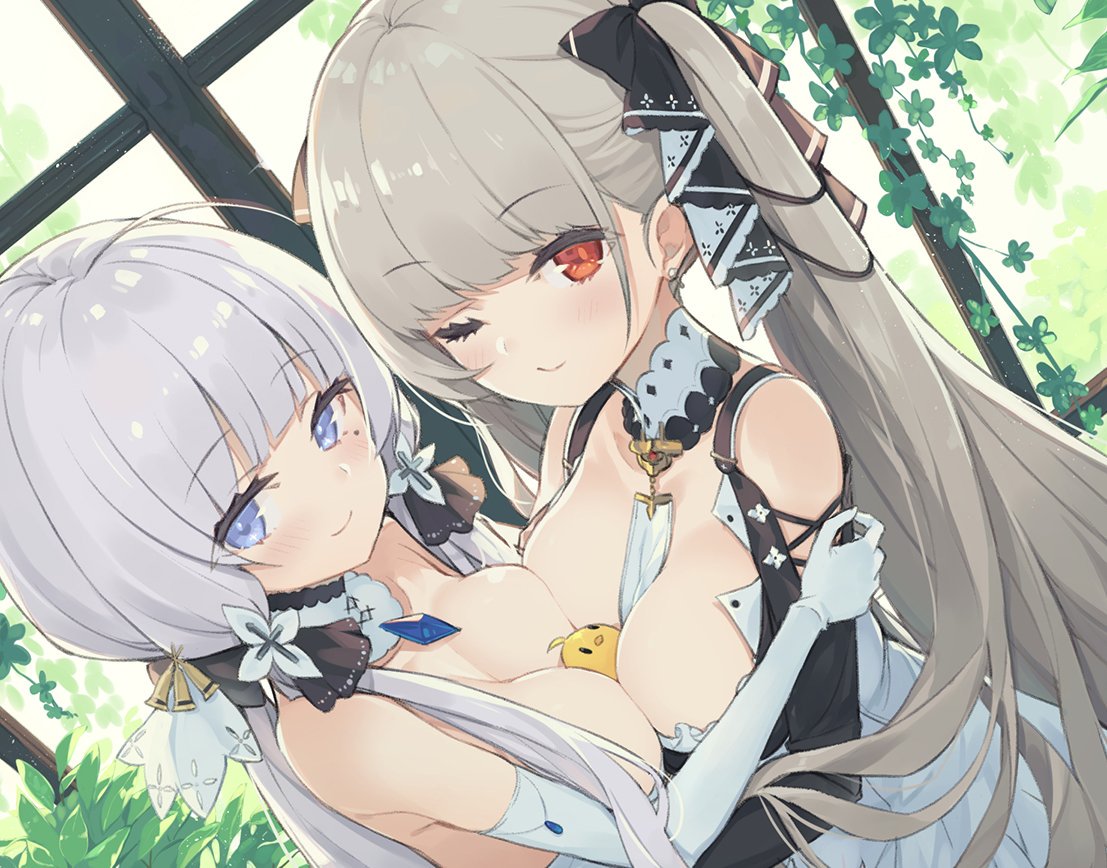 2girls azur_lane between_breasts blue_eyes blush breast_press breasts commentary_request detached_collar dutch_angle elbow_gloves eyebrows_visible_through_hair formidable_(azur_lane) gloves hair_ornament hair_ribbon illustrious_(azur_lane) long_hair looking_at_viewer manjuu_(azur_lane) mole mole_under_eye multiple_girls one_eye_closed platinum_blonde_hair red_eyes ribbon smile symmetrical_docking tam-u twintails two-tone_ribbon upper_body very_long_hair white_gloves white_hair