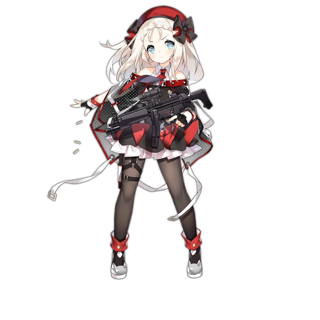1girl :&lt; ankle_boots bangs beret black_gloves black_legwear blonde_hair blue_eyes blush boots braid cloak closed_mouth collared_dress dress expressionless fingerless_gloves floating_hair full_body girls_frontline gloves gun h&amp;k_mp5 hat heckler_&amp;_koch holding holding_gun holding_weapon holster long_hair looking_at_viewer mod3_(girls_frontline) mp5_(girls_frontline) necktie off_shoulder official_art outstretched_arm pantyhose ribbon saru serious sidelocks sleeveless sleeveless_dress solo submachine_gun thigh_holster thigh_strap transparent_background trigger_discipline weapon white_hair wind