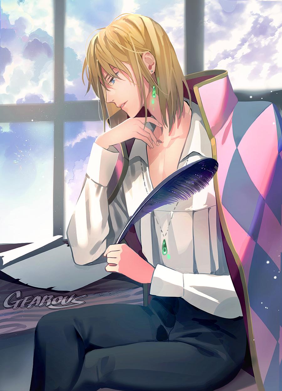 1boy artist_name black_feathers black_pants blonde_hair blue_eyes blue_sky checkered_jacket chin_rest clouds cloudy_sky dress_shirt earrings feathers gearous highres holding holding_quill howl_(howl_no_ugoku_shiro) howl_no_ugoku_shiro jacket jacket_on_shoulders jewelry long_sleeves male_focus necklace pants paper pendant profile puffy_long_sleeves puffy_sleeves quill shirt short_hair sitting sky solo stud_earrings window