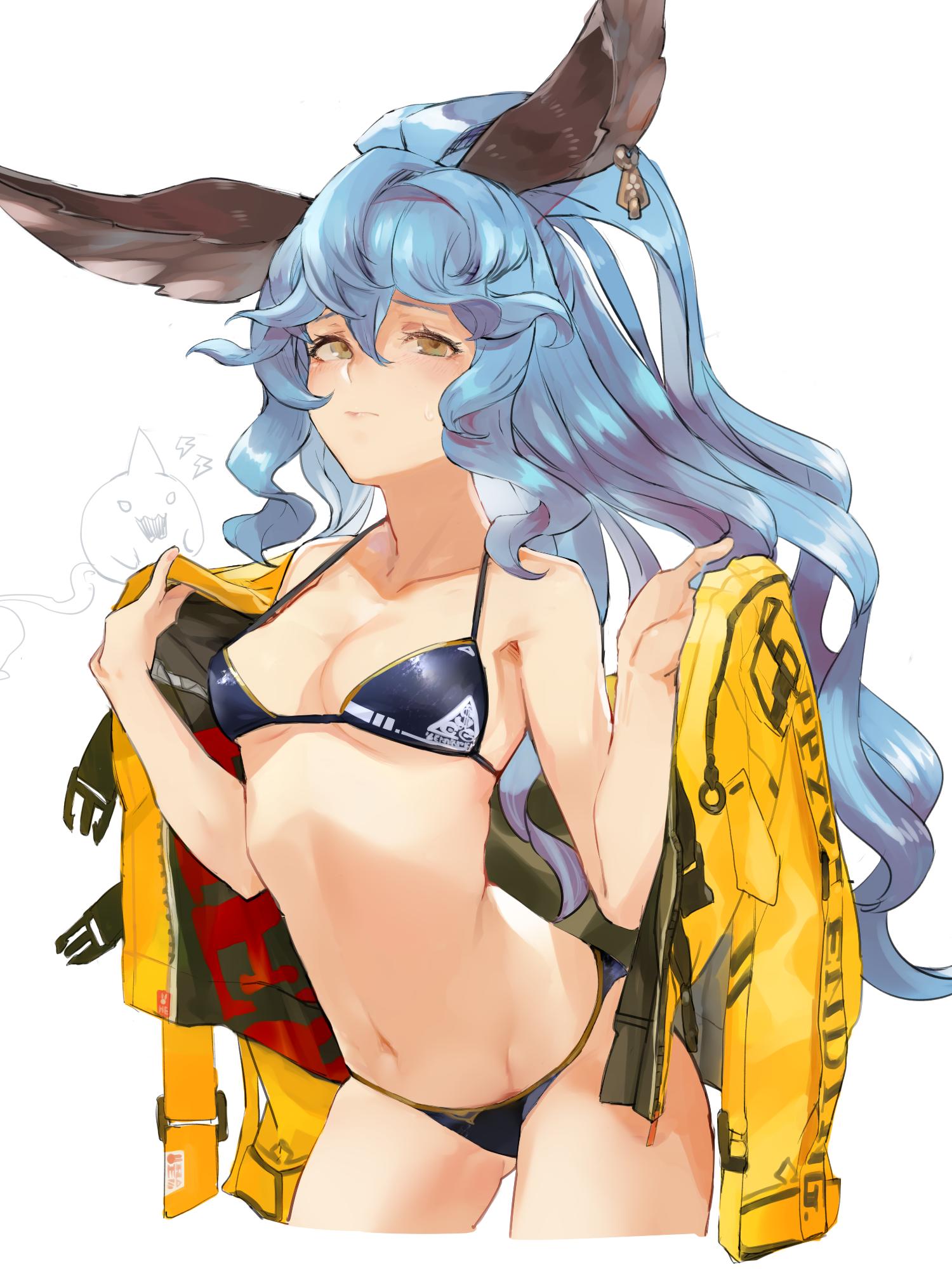 1girl animal_ears bangs bikini blue_hair blush collarbone commentary_request cowboy_shot erune ferry_(granblue_fantasy) ghost granblue_fantasy hands_together highres holding holding_jacket jacket jacket_removed jewelry kumonji_aruto long_hair looking_at_viewer navel ponytail single_earring solo sweatdrop swimsuit white_background yellow_jacket