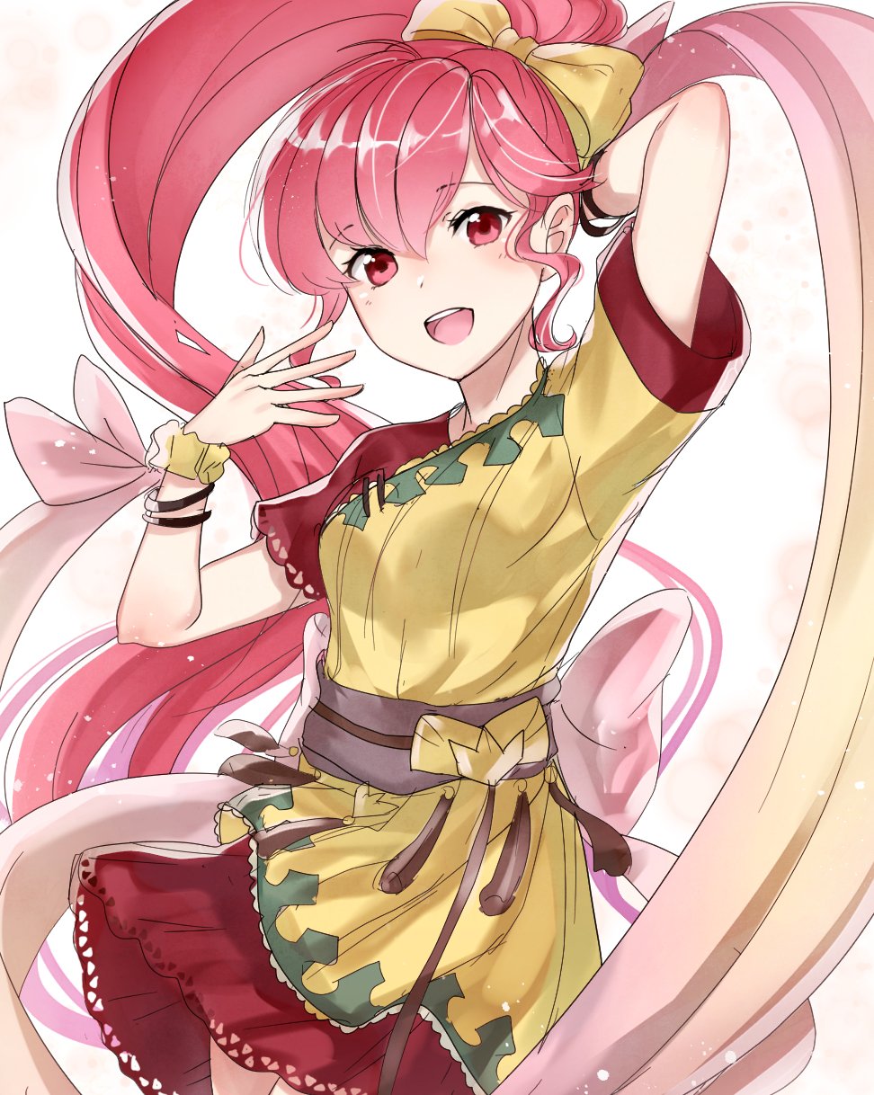 1girl arm_up bow dress fire_emblem fire_emblem:_mystery_of_the_emblem hair_bow haru_(nakajou-28) highres open_mouth phina_(fire_emblem) pink_eyes pink_hair ponytail short_sleeves simple_background solo white_background yellow_bow
