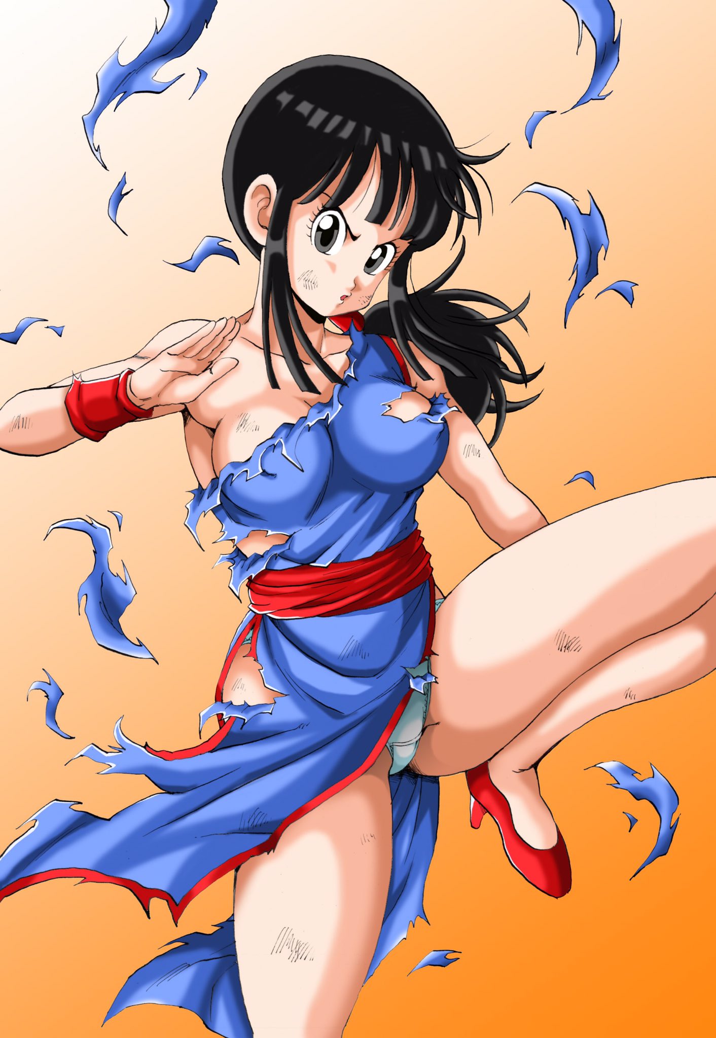 &gt;:( 1girl arm_at_side bangs bare_arms bare_legs bare_shoulders black_eyes black_hair blue_dress breasts chi-chi_(dragon_ball) china_dress chinese_clothes clothes_lift collarbone commentary_request dirty dirty_clothes dirty_face dragon_ball dragon_ball_(classic) dress fighting_stance floating_hair frown gradient gradient_background high_heels highres large_breasts leg_up orange_background panties parted_lips ponytail red_footwear simple_background solo standing standing_on_one_leg torn_clothes torn_dress underwear v-shaped_eyebrows white_background white_panties wind wind_lift wristband youngjijii