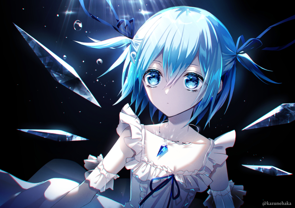 1girl air_bubble artist_name blue_eyes blue_hair blue_ribbon bubble cirno closed_mouth commentary_request dress eyebrows_visible_through_hair frilled_dress frills hair_between_eyes hair_ribbon ice ice_wings jewelry kazunehaka light_rays pendant ribbon short_hair solo touhou twitter_username two_side_up underwater white_dress wings
