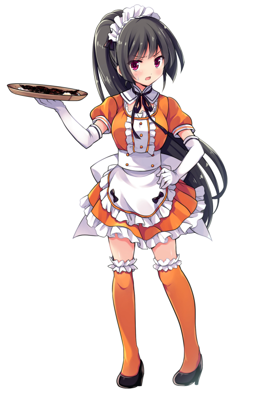 1girl alternate_costume alternate_hairstyle apron black_hair dress elbow_gloves fish frilled_apron frilled_dress frilled_legwear frills full_body gloves isokaze_(kantai_collection) kantai_collection long_hair looking_at_viewer maid maid_headdress odawara_hakone orange_dress orange_legwear ponytail red_eyes saury simple_background smile solo sparkle thigh-highs tray waist_apron waitress white_apron white_background white_gloves