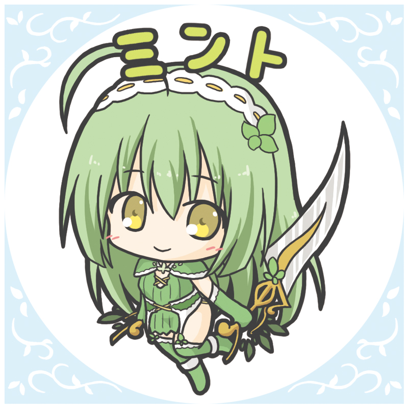 1girl ahoge bangs blush boots breasts character_name chibi closed_mouth dress dual_wielding elbow_gloves eyebrows_visible_through_hair flower_knight_girl full_body gloves green_dress green_footwear green_gloves green_hair green_legwear hair_between_eyes holding holding_sword holding_weapon long_hair mint_(flower_knight_girl) over-kneehighs rinechun small_breasts smile solo standing standing_on_one_leg sword thigh-highs very_long_hair weapon yellow_eyes