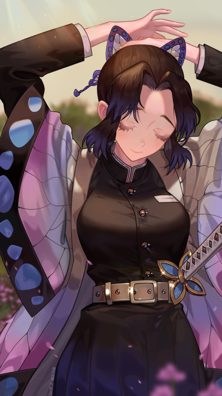 1girl adjusting_hair animal_print arms_up bangs belt black_hair black_pants blurry blurry_background breasts bug butterfly butterfly_hair_ornament butterfly_print closed_eyes coat cowboy_shot dated day eyelashes forehead glint gradient_hair hair_ornament haori highres insect japanese_clothes katana kimetsu_no_yaiba kochou_shinobu large_breasts long_sleeves multicolored_hair outdoors pants parted_bangs peach_luo petals purple_hair sheath sheathed short_hair signature solo sunlight sword two-tone_hair uniform weapon wide_sleeves