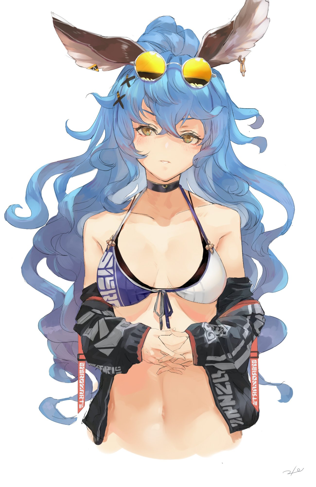 1girl animal_ears bangs bare_shoulders bikini black_jacket blue_hair blush collar commentary_request erune eyewear_on_head ferry_(granblue_fantasy) front-tie_top granblue_fantasy hands_together highres jacket jacket_removed jewelry kumonji_aruto long_hair looking_at_viewer multicolored multicolored_bikini multicolored_clothes navel ponytail signature single_earring solo sunglasses swimsuit upper_body white_background yellow_eyes