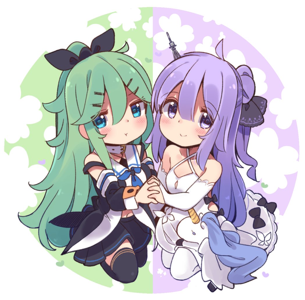 2girls ahoge azur_lane bangs black_bow black_legwear black_ribbon blue_eyes blue_neckwear blush bow criss-cross_halter detached_sleeves dress eyebrows_visible_through_hair green_hair hair_between_eyes hair_bow hair_bun hair_flaps hair_ornament hairclip halterneck holding_hands kantai_collection long_hair multiple_girls neckerchief pout purple_hair ribbon sailor_collar school_uniform serafuku side_bun smile stuffed_alicorn stuffed_animal stuffed_toy stuffed_unicorn suzuki_toto thigh-highs unicorn_(azur_lane) violet_eyes white_dress white_legwear yamakaze_(kantai_collection)