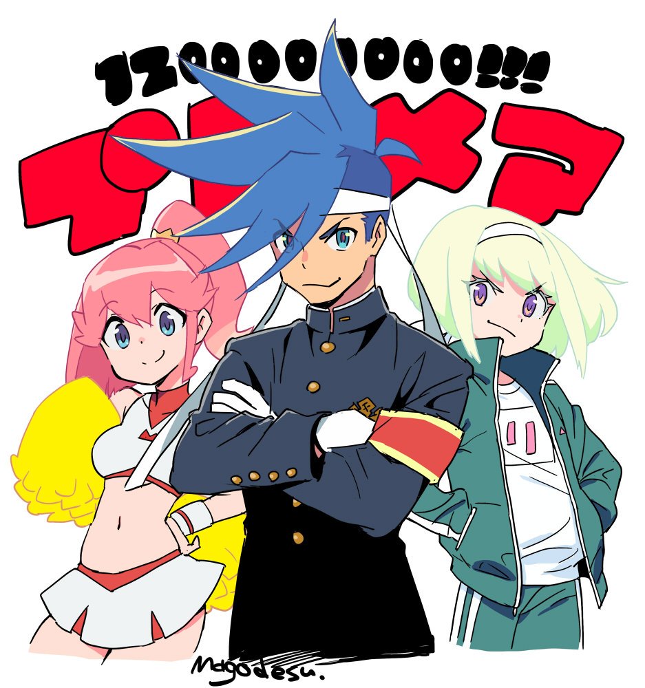 1girl 2boys aina_ardebit blue_eyes blue_hair cheerleader crossed_arms galo_thymos green_hair hand_in_pocket headband jacket lio_fotia long_hair mago midriff multiple_boys navel ouendan pink_hair pom_poms promare short_hair side_ponytail signature skirt sleeveless smile spiky_hair