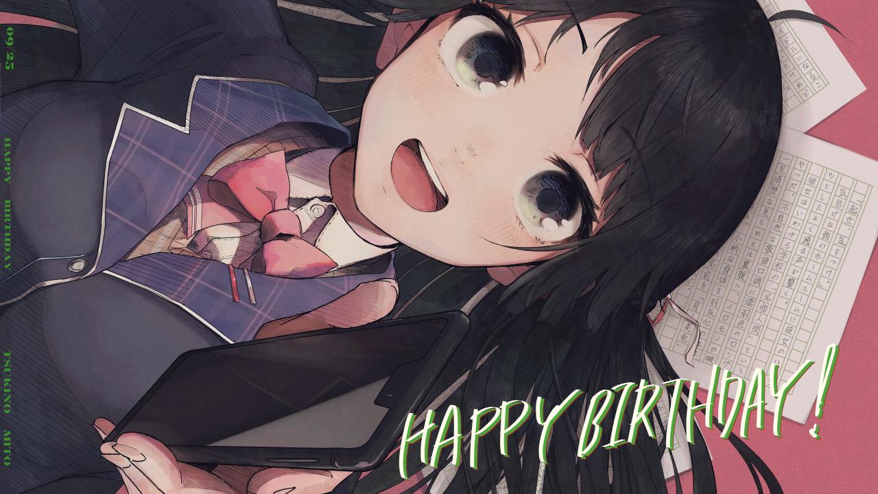 1girl bangs black_eyes black_hair bow bowtie cinobig happy_birthday long_hair looking_at_viewer nijisanji on_floor open_mouth paper school_uniform smarthphone smile tsukino_mito