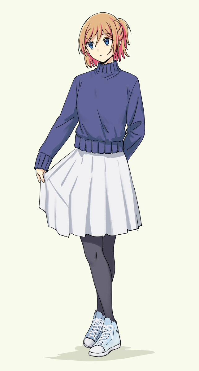 1girl androgynous black_legwear blue_eyes crossed_legs curtsey flat_chest full_body grey_skirt highres long_skirt looking_to_the_side one_side_up orange_hair original pas_(paxiti) pleated_skirt shoes short_hair skirt sleeves_past_wrists sneakers solo sweater turtleneck turtleneck_sweater updo