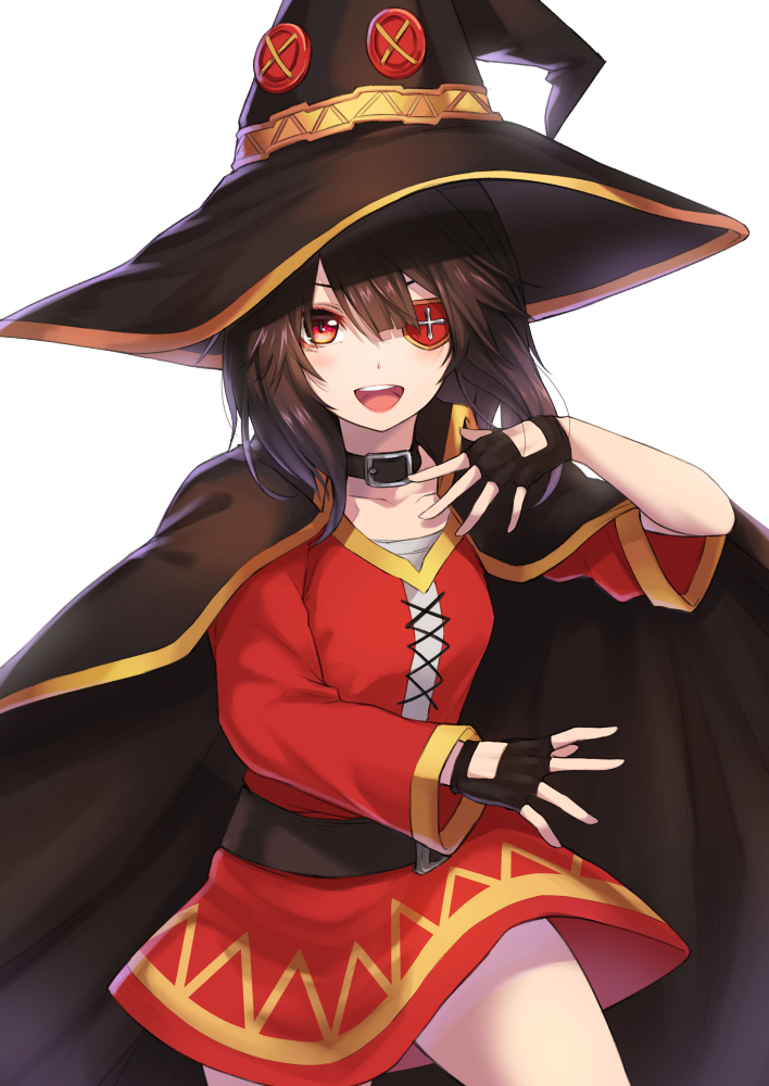 1girl belt black_gloves breasts brown_hair cape collarbone commentary_request dress eyepatch fingerless_gloves gloves hair_between_eyes hat kono_subarashii_sekai_ni_shukufuku_wo! looking_at_viewer megumin open_mouth re_(re_09) red_dress red_eyes short_hair single_thighhigh small_breasts smile solo thigh-highs witch_hat