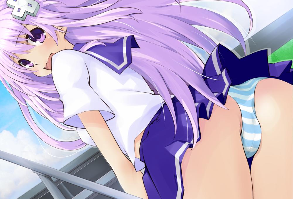 1girl alternate_costume ass blush choujigen_game_neptune_mk2 d-pad d-pad_hair_ornament embarrassed eyebrows_visible_through_hair from_behind hair_between_eyes hair_ornament iwasi-r long_hair looking_at_viewer nepgear neptune_(series) open_mouth panties pleated_skirt purple_hair school_uniform sidelocks skirt smile solo striped striped_panties thigh-highs underwear very_long_hair violet_eyes wavy_mouth