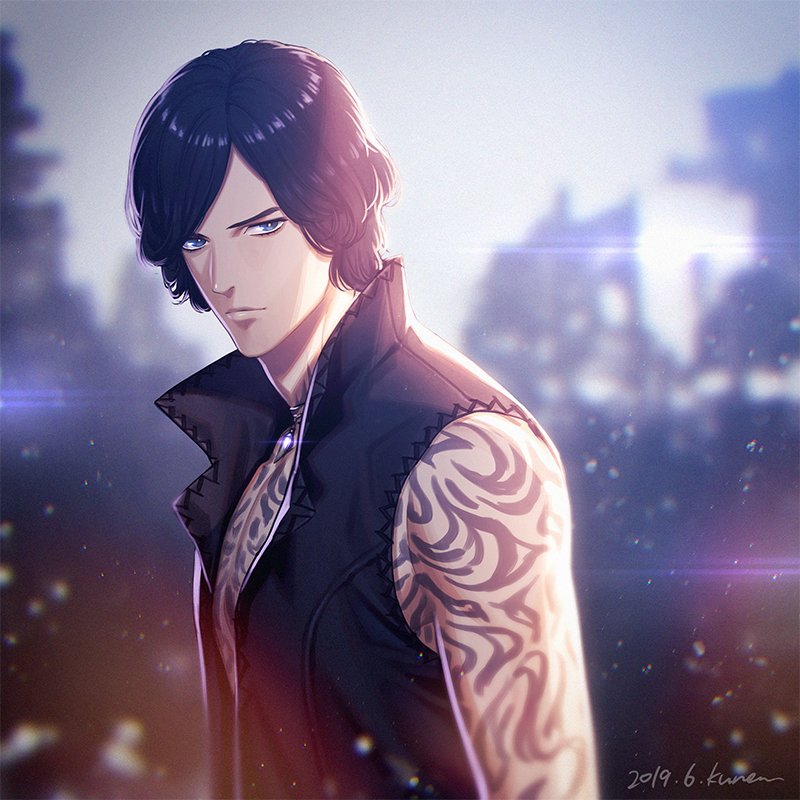 1boy arm_tattoo bare_shoulders black_hair blue_eyes devil_may_cry devil_may_cry_5 full_body_tattoo high_collar jewelry kuren male_focus necklace solo tattoo v_(devil_may_cry) vest wavy_hair