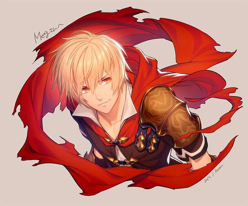 1boy albert_(shingeki_no_bahamut) armor blonde_hair cape from_above granblue_fantasy kuren orange_eyes pauldrons red_cape red_eyes red_scarf scarf shingeki_no_bahamut solo