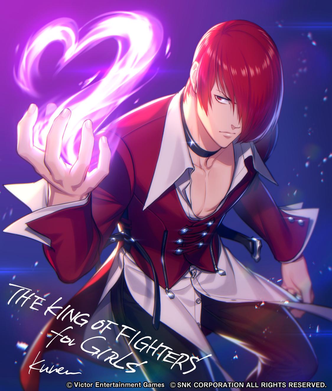 1boy choker fire hair_over_one_eye heart highres kuren male_focus purple_fire pyrokinesis red_eyes redhead solo the_king_of_fighters unbuckled_belt yagami_iori