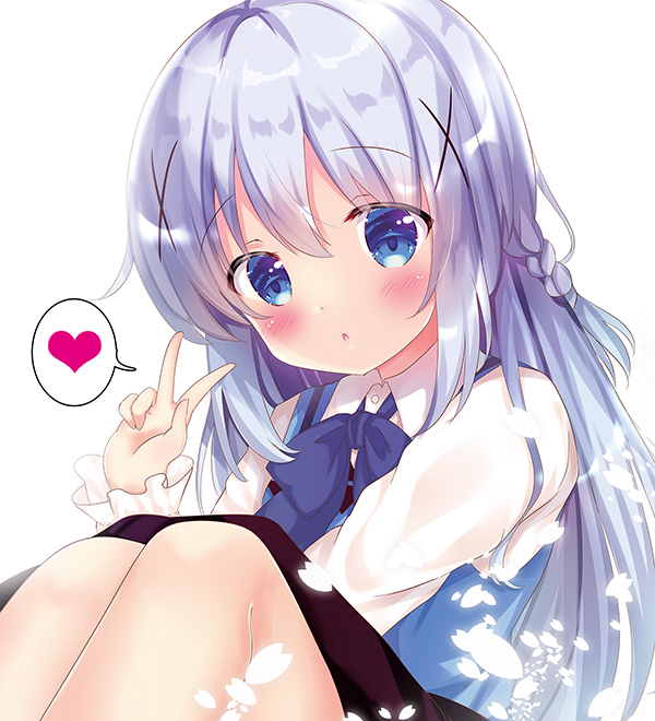 1girl bangs black_skirt blue_bow blue_eyes blue_hair blue_vest blush bow braid collared_shirt commentary_request dress_shirt eyebrows_visible_through_hair gochuumon_wa_usagi_desu_ka? hair_between_eyes hair_ornament hand_up heart kafuu_chino knees_up long_hair long_sleeves parted_lips rabbit_house_uniform rikatan shirt simple_background sitting skirt sleeves_past_wrists solo spoken_heart uniform v very_long_hair vest white_background white_shirt x_hair_ornament