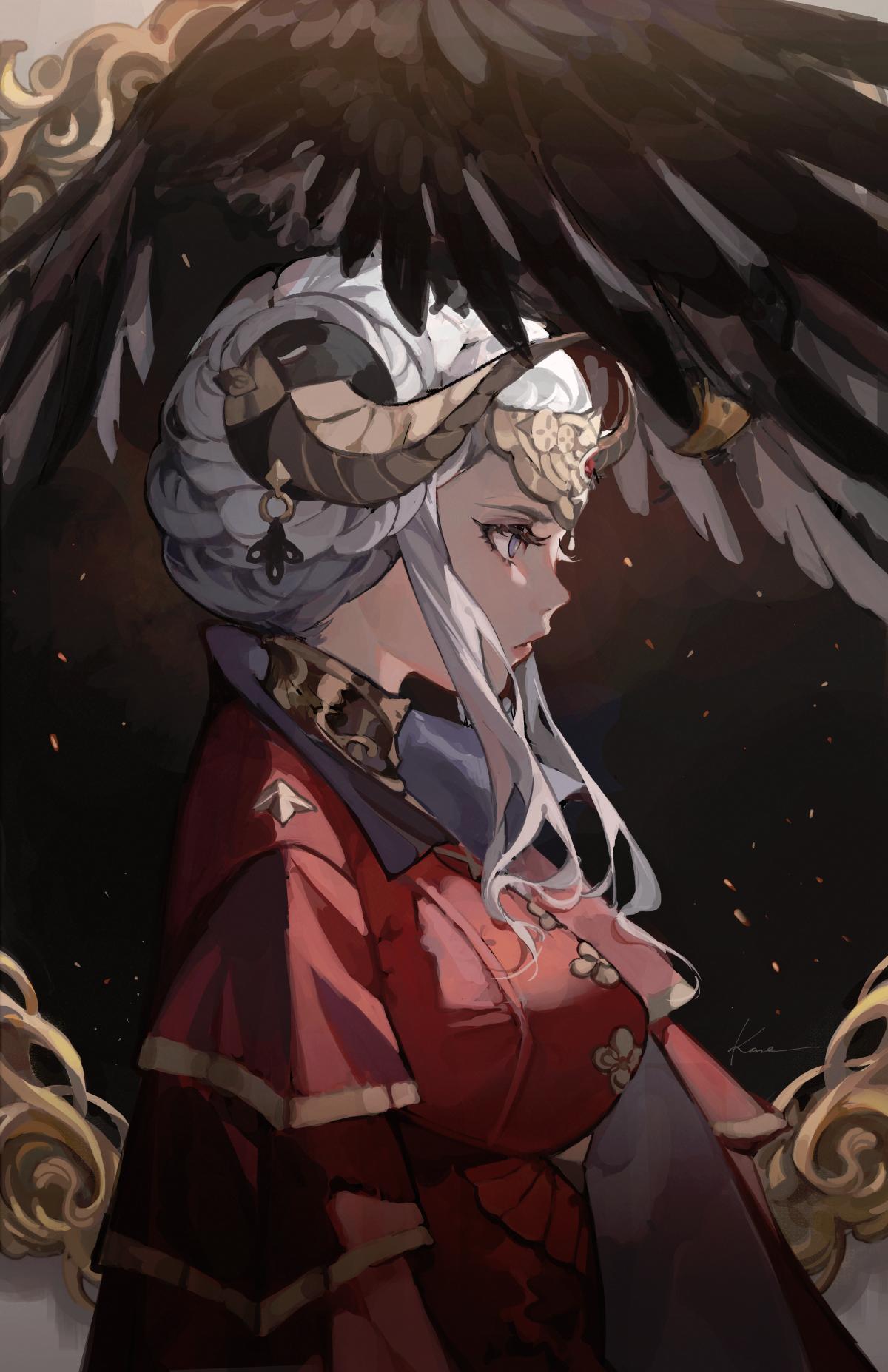 1girl bird blonde_hair blue_eyes cape crown eagle edelgard_von_hresvelg feathers fire_emblem fire_emblem:_three_houses garreg_mach_monastery_uniform gloves hair_ornament highres horns jewelry kanekiru long_hair simple_background solo