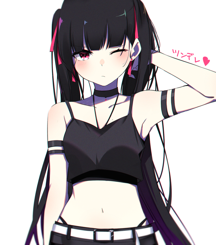 1girl arm_up armband armpits bare_shoulders belt black_hair black_shirt black_shorts breasts camisole choker closed_mouth collarbone crop_top gradient_hair hair_ribbon highleg ichiki_1 long_hair looking_at_viewer midriff mole mole_on_breast multicolored_hair navel one_eye_closed original purple_hair red_eyes ribbon shirt shorts simple_background sleeveless sleeveless_shirt small_breasts solo spaghetti_strap stomach translated twintails very_long_hair white_background