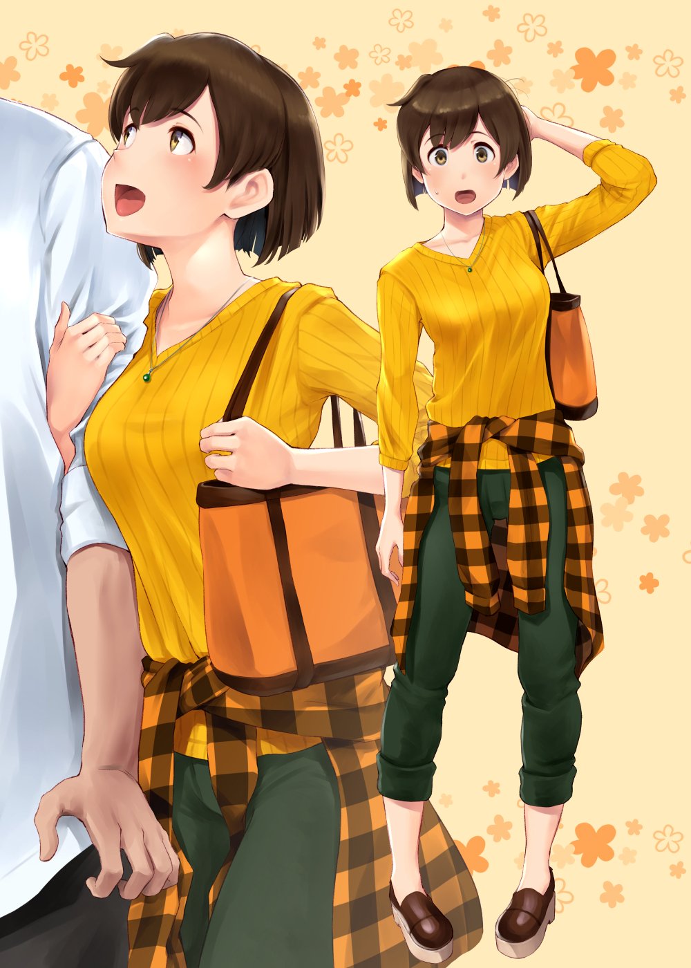 1boy 1girl alternate_costume bag blush breasts brown_eyes brown_hair eyebrows_visible_through_hair floral_background full_body gradient gradient_background green_pants highres hiryuu_(kantai_collection) kantai_collection looking_at_viewer medium_breasts multiple_views open_mouth pants shirt short_hair smile sweater wa_(genryusui) white_shirt yellow_sweater