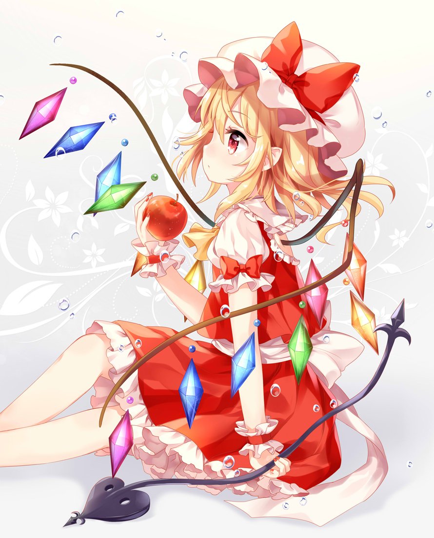 1girl apple ascot blonde_hair bow closed_mouth crystal expressionless feet_out_of_frame flandre_scarlet food frills from_side fruit grey_background hand_up hat hat_bow holding holding_food holding_fruit laevatein looking_away medium_hair mimi_(mimi_puru) mob_cap petticoat pointy_ears profile puffy_short_sleeves puffy_sleeves red_bow red_eyes red_nails red_skirt red_vest short_sleeves sitting skirt skirt_set solo touhou vest water_drop wings wrist_cuffs yellow_neckwear
