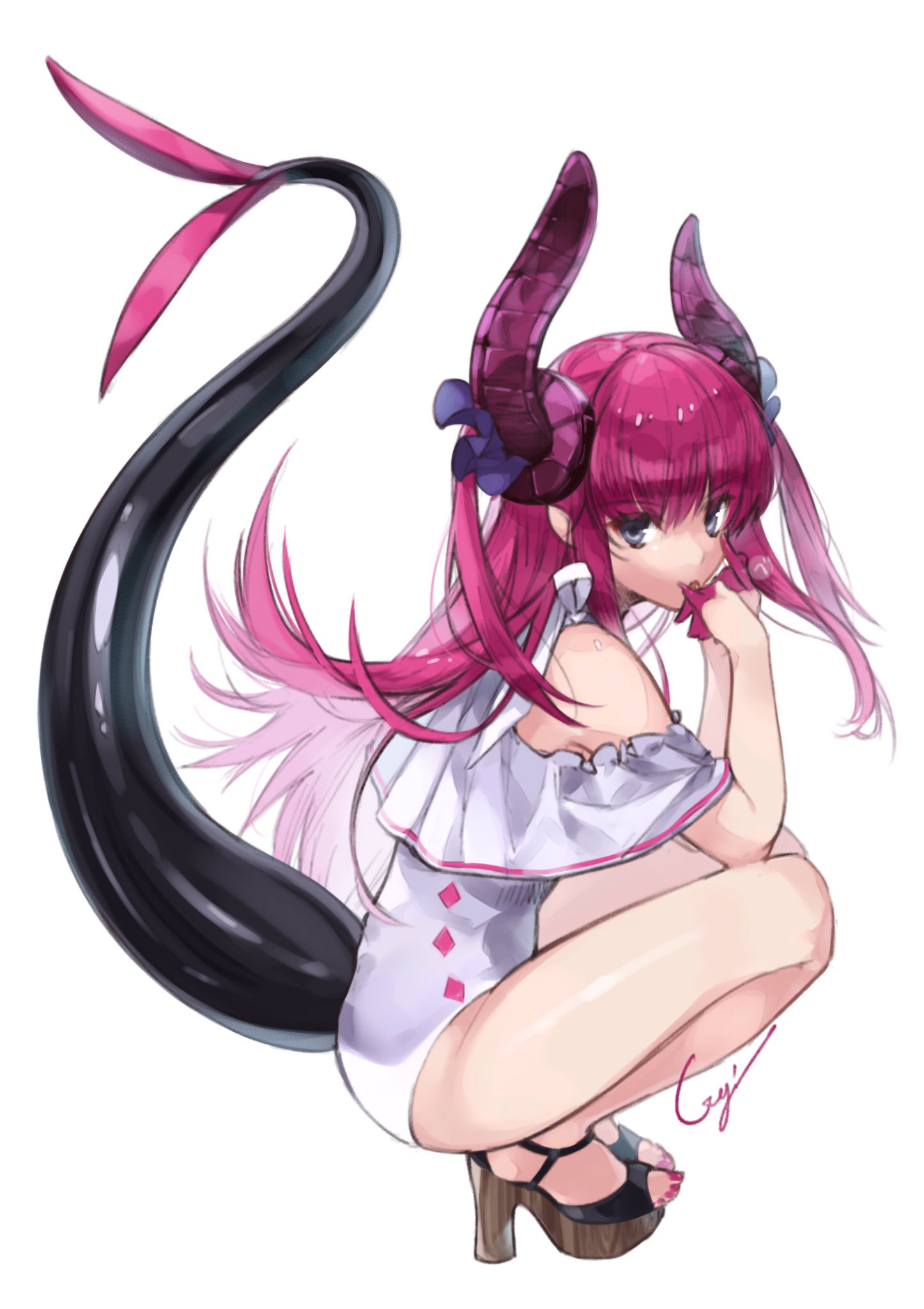 asymmetrical_horns curled_horns dragon_girl dragon_horns dragon_tail elizabeth_bathory_(fate) elizabeth_bathory_(fate)_(all) fate/extra fate/extra_ccc fate/grand_order fate_(series) high_heels highres horns long_hair looking_at_viewer one-piece_swimsuit pink_hair pointy_ears squatting swimsuit tail tail_raised utayoi_(umakatare) white_swimsuit